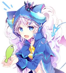  :d bad_id bad_pixiv_id blue_eyes blue_horns chiliarch_(elsword) coat crown elsword female fish hair_ornament hairclip hood horns long_hair looking_at_viewer luciela_r._sourcream mini_crown open_mouth pinb smile solo tail twintails upper_body white_background white_hair 