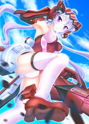  ahoge armpits ass bare_shoulders blush bodysuit breasts cleavage cloud clouds english female from_below gatling_gun grin gun lavender_hair lens_flare long_hair looking_at_viewer motion_blur panties pointing purple_eyes quad_tails senki_zesshou_symphogear shoes sky smile solo sooichi_(diabolicemission) teeth thighhighs twintails underwear weapon white_panties yukine_chris 