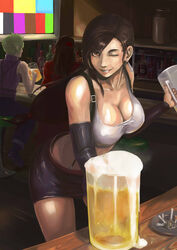  2boys bar bare_shoulders beer black_hair blonde_hair breasts brown_eyes cleavage cloud_strife cup drinking_glass female final_fantasy final_fantasy_vii grin headband hukutuuprunes large_breasts long_hair looking_at_viewer multiple_boys one_eye_closed smile suspenders television tifa_lockhart vincent_valentine 