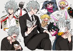  4boys bangs blonde_hair blunt_bangs boku_no_hero_academia bubaigawara_jin cardigan dabi_(boku_no_hero_academia) double_bun female hair_bun kurogiri_(boku_no_hero_academia) messy_hair multiple_boys multiple_views serafuku shigaraki_tomura toga_himiko yellow_eyes 