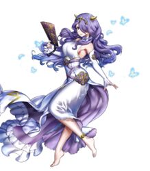  anklet bare_shoulders barefoot breasts bug butterfly camilla_(adrift)_(fire_emblem) camilla_(fire_emblem) dress elbow_gloves female fingerless_gloves fire_emblem fire_emblem_fates fire_emblem_heroes full_body gloves hair_ornament highres holding jewelry large_breasts long_hair mikurou_(nayuta) nail_polish official_art parted_lips purple_eyes purple_hair sleeveless solo toenail_polish toenails toes transparent_background turtleneck white_dress 