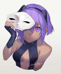  black_hairband breasts center_opening commentary_request dark-skinned_female dark_skin fate/grand_order fate_(series) female fingerless_gloves gloves hairband hassan_of_serenity_(fate) highres holding holding_mask looking_at_viewer mask nishikiya purple_eyes purple_hair short_hair signature small_breasts solo upper_body 