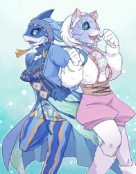  2girls :d amu_(doubutsu_sentai_zyuohger) animification bad_id bad_pixiv_id blue_eyes blue_gloves blue_jacket breasts cleavage clenched_hand colored_sclera commentary_request doubutsu_sentai_zyuohger fur_jacket furry furry_female gloves gradient_background green_eyes green_sclera jacket leg_up leg_warmers looking_at_viewer medium_breasts multiple_girls open_clothes open_jacket open_mouth pink_shorts puffy_shorts sera_(doubutsu_sentai_zyuohger) shorts smile standing standing_on_one_leg super_sentai tamachro white_jacket 