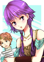  1boy artur_(fire_emblem) bare_shoulders book commentary_request couple female fire_emblem fire_emblem:_the_sacred_stones kariu long_hair lute_(fire_emblem) orange_eyes orange_hair purple_eyes purple_hair short_hair straight twintails 