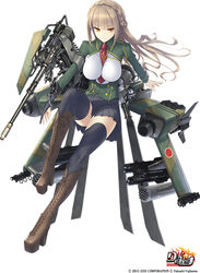  ah-64_apache ah-64d_(rick_g_earth) aircraft between_breasts boots braid breasts brown_footwear brown_hair commentary_request cross-laced_footwear female fourragere gun helicopter kawanakajima knee_boots lace-up_boots long_hair mecha_musume miniskirt necktie necktie_between_breasts orange_eyes platform_footwear pleated_skirt propeller rick_g_earth rickg rocket skirt solo thighhighs thighhighs_under_boots weapon wings 