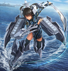  black_hair camouflage china_dress chinese_clothes commentary_request dao digital_camouflage dress dutch_angle female flight_deck gun highres horizon mecha_musume military military_uniform missile ocean one_eye_closed original outdoors people&#039;s_liberation_army people&#039;s_liberation_army_navy personification red_eyes short_hair solo splashing sword tom-neko_(zamudo_akiyuki) type_052d_destroyer uniform water weapon 