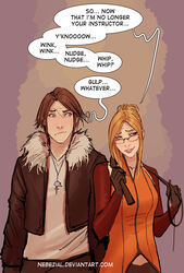  1boy blonde_hair brown_hair commentary english_text female final_fantasy final_fantasy_viii glasses gloves highres jacket jewelry lips looking_at_another necklace parted_lips quistis_trepe scar smile squall_leonhart stjepan_sejic watermark web_address western_comics_(style) whip 