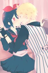  1boy alternate_costume aoi_choko_(aoichoco) astray_(module) black_hair blonde_hair blue_eyes blush bow commentary_request female finger_to_another&#039;s_mouth fingerless_gloves gloves hairbow highres holy_lancer_(module) kagamine_len kagamine_rin long_sleeves looking_at_another project_diva_(series) project_diva_x red_eyes seductive_smile short_hair simple_background skirt smile straight vocaloid 