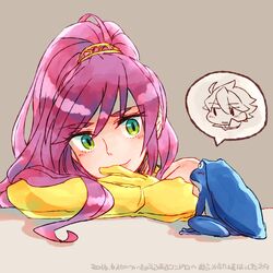  1boy bartz_klauser blush closed_mouth commentary_request dated faris_scherwiz female final_fantasy final_fantasy_5 frog gloves green_eyes long_hair looking_at_another purple_hair sarisa_highwind_tycoon smile sunagimo_(nagimo) translation_request 