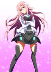  blue_eyes commentary_request crossed_arms female gakusen_toshi_asterisk gradient_background highres julis-alexia_von_riessfeld ka2 long_hair looking_at_viewer pink_background pink_hair solo thighhighs 