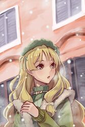  atelier_(series) atelier_ayesha ayesha_altugle blonde_hair bonnet brown_eyes female hair_ribbon highres long_hair long_sleeves reimaco ribbon snowing solo turtleneck upper_body winter_clothes 