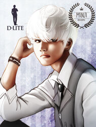  1boy bigbang character_name collared_shirt daesung k-pop male male_focus necktie shirt sitting solo waistcoat white_hair 