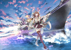  battleship boots cheese_kang cloud commentary_request female kantai_collection kongou_(battleship) kongou_(kancolle) long_hair military military_vehicle nontraditional_miko sea_spray ship solo thigh_boots thighhighs vehicle_and_personification warship water watercraft zettai_ryouiki 