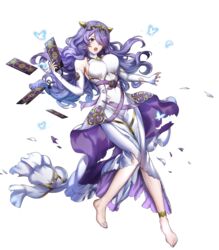  anklet bare_shoulders barefoot breasts camilla_(adrift)_(fire_emblem) camilla_(fire_emblem) dress elbow_gloves female fingerless_gloves fire_emblem fire_emblem_fates fire_emblem_heroes full_body gloves hair_ornament hair_over_one_eye highres holding jewelry large_breasts long_hair mikurou_(nayuta) nail_polish official_art open_mouth purple_eyes purple_hair sleeveless solo toenail_polish toenails toes torn_clothes transparent_background turtleneck white_dress 