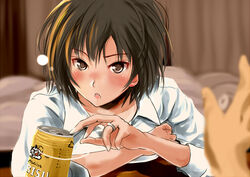  :o aged_up alcohol amagami bed beer blush brown_eyes brown_hair can collarbone collared_shirt commentary_request curtains drunk female indoors jewelry looking_at_viewer murasaki_iro nanasaki_ai open_mouth out_of_frame pov revision ring shirt short_hair solo_focus upper_body wedding_ring white_shirt wing_collar yebisu 