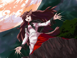  animal_ears brown_hair commentary_request dress female fingernails full_moon imaizumi_kagerou kuriyama5422 long_fingernails long_hair long_sleeves moon night open_mouth red_eyes solo touhou wolf_ears 