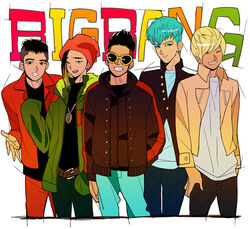  5boys aqua_hair asymmetrical_hair bigbang black_hair blonde_hair closed_eyes copyright_name daesung earrings g-dragon hat jewelry k-pop male male_focus multicolored_hair multiple_boys necklace seungri_(bigbang) side_shave side_swept_bangs smile sunglasses t.o.p_(bigbang) taeyang 