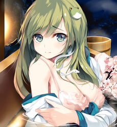  absurdres bare_shoulders bra breasts bucket cleavage closed_mouth clothed_bath commentary_request detached_sleeves eien_no_juu_nana-sai female flower frog_hair_ornament green_eyes hair_ornament highres ke-ta_(style) kochiya_sanae long_hair looking_at_viewer medium_breasts night pink_bra pink_flower snake_hair_ornament solo touhou underwear upper_body water wooden_bucket 