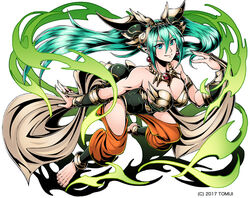  aqua_eyes aqua_hair bare_shoulders barefoot benten_(cho_aniki) breasts cho_aniki cleavage commentary_request earrings female full_body hair_between_eyes hair_ornament jewelry long_hair looking_at_viewer magatama magatama_necklace necklace paipai photoshop_(medium) smile solo watermark 