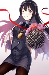  ;) black_hair chains character_request commentary_request female flower foreshortening gold_chain hand_on_own_hip long_hair looking_at_viewer microphone one_eye_closed pantyhose pencil_skirt pendant_watch pink_flower pink_rose purple_eyes reimaco ribbon rose skirt smile solo watch 