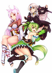  3girls animal_ears ara_haan ara_haan_(celestial_fox) asura_(elsword) barefoot black_footwear black_legwear black_skirt boots breasts code:_nemesis_(elsword) commentary_request detached_sleeves elsword eun_(elsword) eve_(elsword) expressionless fox_ears frills full_body green_eyes green_hair green_sleeves high_ponytail highres knee_boots leg_warmers long_hair multiple_girls pak_ce pink_hair pointy_ears ponytail red_eyes rena_erindel sideboob skirt smile thigh_boots thighhighs toeless_legwear white_background white_hair wind_sneaker_(elsword) yellow_eyes zettai_ryouiki 