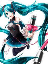  aqua_eyes aqua_hair bad_id bad_pixiv_id boots detached_sleeves female hatsune_miku headphones high_heels highres long_hair memai microphone open_mouth photoshop_(medium) simple_background skirt solo thigh_boots thighhighs twintails very_long_hair vocaloid white_background 