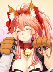  1boy animal_ears animal_hands bell blush breasts cleavage closed_eyes collar commentary_request fate/grand_order fate_(series) female fox_ears fujimaru_ritsuka_(male) gradient_background hair_ribbon hands koko_(koko3) large_breasts long_hair neck_bell pink_hair ribbon tamamo_(fate) tamamo_cat_(fate) tamamo_cat_(first_ascension)_(fate) 