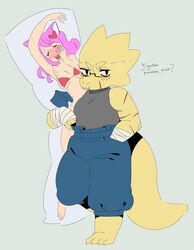  alphys alternate_universe anthro bandage bikini blush clothing dakimakura dakimakura_design english_text eyewear fan_character female female/female glasses hair lizard looking_at_viewer mew_mew_(undertale) mew_mew_kissy_cutie muscular pink_hair reptile scalie scar siqlyprince solo swimwear text underswap undertale undertale_(series) 