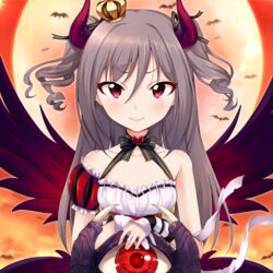  &gt;:) asymmetrical_gloves bad_id bad_pixiv_id bat_(animal) crown drill_hair evil_eyes female frills gloves grey_hair heart horns idolmaster idolmaster_cinderella_girls kalian kanzaki_ranko long_hair mini_crown moon red_eyes red_moon ribbon smile solo twin_drills twintails uneven_gloves v-shaped_eyebrows wings 