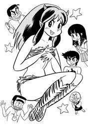  2girls 4boys angry animal_print bikini blush boots cherry_(urusei_yatsura) clenched_hand commentary_request eyelashes greyscale horns laughing long_hair lum makeup mendou_shuutarou miyake_shinobu monk monochrome moroboshi_ataru multiple_boys multiple_girls nagai_gou_(style) necktie oni onsen-mark onsen_symbol open_mouth pointy_ears sandals school_uniform sideburns skirt smile star_(symbol) sweatdrop swimsuit thick_eyebrows tiger_print uesuto_(westriver) urusei_yatsura 