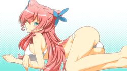  aqua_eyes ass bikini blush breast_rest breasts female flower gradient gradient_background hair_flower hair_ornament large_breasts long_hair lying maria_cadenzavuna_eve on_side pink_hair polka_dot_background seductive_smile senki_zesshou_symphogear smile solo strap_gap swimsuit yuto_(dialique) 