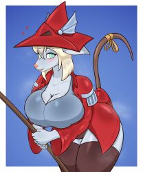  5:6 5_fingers absurd_res accessory anthro big_breasts blonde_hair blue_background blue_eyes blush blush_lines bodily_fluids border bow_ribbon breast_squish breasts burmecian cel_shading cleavage_cutout clothing coat curvy_figure cutout dragoon eyebrow_through_hair eyebrows eyelashes eyelashes_through_hair female final_fantasy final_fantasy_ix fingers freya_crescent furgonomics glistening glistening_body glistening_breasts gradient_background grey_body hair hat headgear headwear heart_eyes heart_symbol hearts_around_head hi_res holding_object huge_breasts huge_thighs johnmarten leaning leaning_forward leggings legwear looking_at_viewer mammal multicolored_clothing murid murine musk open_mouth panties portrait raised_tail rat red_clothing ribbons rodent shaded simple_background smile solo square_enix squish staff sweat sweaty_breasts tagme tail tail_accessory tail_bow tail_ribbon thick_thighs thigh_highs three-quarter_portrait topwear translucent translucent_hair two_tone_clothing underwear voluptuous white_border wide_hips 