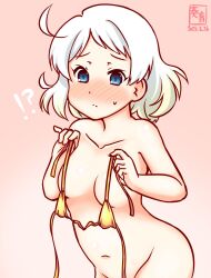  !? artist_logo bikini blue_eyes blush breasts dated female gold_bikini gradient_background groin holding holding_unworn_clothes kanon_(kurogane_knights) kantai_collection logo natsugumo_(kancolle) nose_blush nude one-hour_drawing_challenge out-of-frame_censoring pink_background short_hair small_breasts solo swimsuit white_hair 