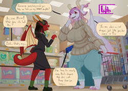  absurd_res anthro barefoot black_hair blue_bottomwear blue_clothing blue_pants bottomwear claw_toes clothing dialogue dragon duo english_text feet female finger_to_mouth hair hi_res horn inside long_ears long_tail looking_at_another membrane_(anatomy) membranous_wings mythological_creature mythological_scalie mythology orange_eyes pants pink_body pink_eyes pink_hair pink_scales red_body red_scales scales scalie shopping_cart standing suit supermarket sweater tail talking_to_another text thick_tail thick_thighs topwear wings wob 