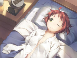  alarm_clock amputee armless_amputee artist_request breasts clock closed_mouth double_amputee female game_cg green_eyes katawa_shoujo lying no_bra non-web_source official_art on_back on_bed one_eye_closed open_clothes open_shirt pillow red_hair shirt short_hair sleeve_tied_shut solo tezuka_rin upper_body white_shirt 