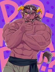  1boy abs another_eidos-r bara beard blush brown_hair colored_sclera colored_skin cowboy_shot demon_boy demon_horns facial_hair forked_eyebrows frown green_eyes hairy hand_on_own_chin highres horns horse_boy large_pectorals long_hair looking_at_viewer love_handles male_focus mature_male moustache multicolored_hair muscular muscular_male mustache_stubble navel nervous_sweating official_alternate_costume one_eye_closed pectorals pointy_ears purple_background purple_skin solo sparse_chest_hair sparse_navel_hair stalon_(another_eidos) stomach stroking_beard stroking_own_chin strongman_waist stubble sweat text_background thick_eyebrows topless_male tusks white_hair yakisoba_ohmori yellow_horns yellow_sclera 