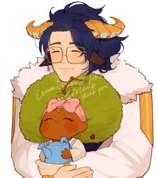  1boy animal_ears blue_hair bug closed_eyes commission dark_skin female glasses goat_horns green_hair head_on_head head_rest headband highres horns hug jacket ladybug lolicon original runes smile stick yogireji 