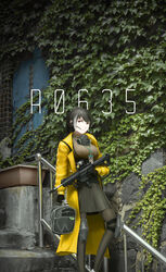  absurdres adapted_costume bag black_gloves black_hair breasts coat colt_9mm_smg earpiece english_commentary female girls&#039;_frontline gloves gun heterochromia highres id_card ivy knee_pads lanyard large_breasts looking_at_viewer mask mask_around_neck multicolored_hair outdoors overgrown red_eyes respirator ro635_(girls&#039;_frontline) ro635_(mod3)_(girls&#039;_frontline) ryan_greythorn solo standing streaked_hair submachine_gun weapon white_hair yellow_coat yellow_eyes 