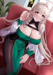  ahoge andrea_doria_(azur_lane) azur_lane black_pantyhose breasts cleavage cleavage_cutout closed_mouth clothing_cutout cotton_swab couch covered_navel crossed_bangs dress drill_hair female green_dress hair_between_eyes hand_up highres holding_cotton_swab huge_breasts indoors large_breasts light_blush light_brown_hair long_hair long_sleeves looking_at_viewer manjuu_(azur_lane) mimikaki on_couch pantyhose pelvic_curtain pink_nails smile twin_drills wee_(weeyy) yellow_eyes 