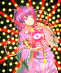  abstract abstract_background attack black_hairband black_ribbon closed_mouth collar collared_shirt danmaku eyeball eyebrows eyebrows_visible_through_hair female frilled_sleeves frills glowing hair_ornament hairband heart heart_hair_ornament highres komeiji_satori light_particles looking_at_object looking_at_viewer looking_down one_eye_closed pink_eyes pink_hair pink_shirt red_string ribbon ribbon-trimmed_collar ribbon_trim shadow shirt short_hair skirt spell_card string sunyup third_eye touhou upper_body wide_sleeves 