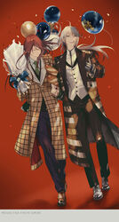  2boys :d absurdres ahoge alternate_costume argyle bag baguette balloon bedivere_(fate) black_gloves black_pants black_vest blonde_hair bouquet bread brown_footwear checkered_clothes closed_eyes closed_mouth coat collared_shirt commentary_request confetti dappled_sunlight dutch_angle facing_another fate/grand_order fate_(series) food full_body gloves green_eyes green_necktie grey_footwear hand_on_another&#039;s_shoulder highres holding holding_bag holding_balloon holding_bouquet long_hair looking_up low_ponytail male_focus monk_shoes multiple_boys necktie open_mouth oxfords pants parted_lips plaid plaid_coat red_background red_hair semi_(p-poco) shirt smile sunlight teeth tristan_(fate) upper_teeth_only vest walking white_gloves white_hair white_shirt white_vest 