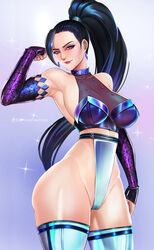  badcompzero bare_shoulders black_hair breasts commentary earrings elbow_gloves female gloves high_ponytail highres jewelry k/da_(league_of_legends) k/da_all_out_kai&#039;sa kai&#039;sa large_breasts league_of_legends leotard lips lipstick long_hair makeup purple_eyes sideboob skindentation solo thighs 