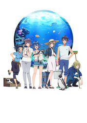  2boys 4girls :d absurdres aquarium bird black_hair blue_eyes blue_hair blue_jacket blue_shirt boots broom brown_hair bucket closed_mouth crossed_bangs dress fish green_eyes grey_eyes grey_pants halterneck hat highres jacket jewelry kudaka_karin lanyard long_hair misakino_kukuru miyazawa_fuuka multiple_boys multiple_girls nakamura_kai necklace official_art open_mouth overalls pants penguin promotional_art purple_eyes rubber_boots sandals shiroi_suna_no_aquatope shirt shoes short_hair shorts sidelocks skirt sleeves_rolled_up smile squatting straw_hat suitcase teruya_tsukimi white_dress white_shirt yakamashi_kuuya 