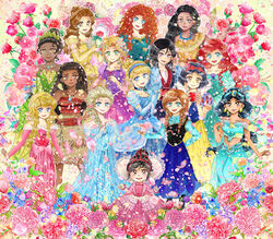  6+girls 87854424 aladdin_(disney) anna_(frozen) aqua_dress aqua_eyes ariel_(disney) aurora_(disney) black_hair blonde_hair blue_dress blue_eyes bow braid brave_(pixar) breasts brown_dress brown_eyes brown_hair candy cinderella cinderella_(disney) collar corset crop_top crown curly_hair dark-skinned_female dark_skin disney dress earrings elsa_(frozen) fa_mulan_(disney) floral_background flower food formal frilled_dress frills frozen_(disney) gown green_dress green_eyes grey_eyes hair_bun hair_ornament hair_ribbon hairbow harem_pants high_collar holding holding_flower japanese_clothes jasmine_(disney) jewelry kimono leaf_hair_ornament lollipop long_hair merida_(brave) messy_hair moana_(movie) moana_waialiki mulan multicolored_hair multiple_girls navel off-shoulder_dress off_shoulder pants pink_dress platinum_blonde_hair pocahontas pocahontas_(disney) ponytail princess puffy_sleeves purple_dress rapunzel_(disney) red_bow red_hair ribbon short_hair single_hair_bun sleeping_beauty snow_white_(disney) snow_white_and_the_seven_dwarfs streaked_hair tangled the_little_mermaid tiana_(the_princess_and_the_frog) tiara vanellope_von_schweetz wreck-it_ralph yellow_dress yellow_eyes 