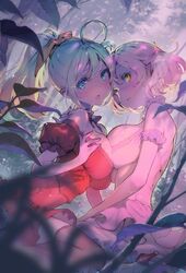  2girls :o ahoge bare_shoulders black_bow blonde_hair blue_eyes blurry blurry_background blurry_foreground bow bowtie breast_press breasts choker commentary_request cowlick dress forest frilled_sleeves frills from_side green_eyes hair_ribbon heads_together high_heels high_ponytail highres large_breasts leaf looking_at_viewer multiple_girls nature off-shoulder_dress off_shoulder original outdoors parted_lips pink_dress plant pointy_ears puffy_short_sleeves puffy_sleeves red_dress ribbon short_hair short_sleeves symmetrical_docking thighhighs tinkle_bell tree 