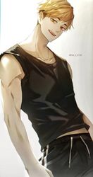  1boy black_pants black_shirt blonde_hair brown_eyes collarbone cowboy_shot dal_li_0130 eyebrows haikyuu!! highres korean_commentary looking_at_viewer male_focus miya_atsumu multicolored_hair pants parted_lips shirt short_hair simple_background sleeveless sleeveless_shirt solo toned toned_male tongue track_pants twitter_username two-tone_hair 