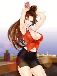  anagumasan armpits arms_up breasts brown_eyes brown_hair card casino cleavage croupier fatal_fury female highres looking_at_viewer midriff navel pencil_skirt playing_card ponytail pose roulette_table shiranui_mai skirt smile solo table the_king_of_fighters 