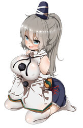  bad_id bad_pixiv_id blue_eyes blue_hat blue_skirt breasts commentary_request covered_nipples detached_sleeves female full_body grey_hair hat highres japanese_clothes kariginu large_breasts long_hair looking_at_viewer miniskirt mononobe_no_futo oerba_yun_fang open_mouth pom_pom_(clothes) ponytail seiza simple_background sitting skin_fang skirt smile solo takimoto_yukari tate_eboshi thighhighs touhou white_background white_thighhighs 