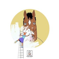  1:1 anthro black_hair bojack_horseman bojack_horseman_(character) charlotte_moore deer duo equid equine female hair hiram_ochoa horse ladder looking_at_viewer male mammal netflix paint painting red_hair signature simple_background white_background 