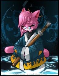  aeris_(vg_cats) anthro asian_clothing black_border border closed_eyes clothing east_asian_clothing eyewear felid feline female fur glasses hair japanese_clothing katana kimono mammal melee_weapon pink_body pink_fur pink_hair scott_ramsoomair solo sword tail vg_cats weapon 